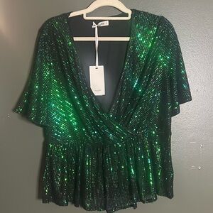 XL GRACE KARIN Sequin Women Short Sleeve Sparkly Blouse in Blue Ocean